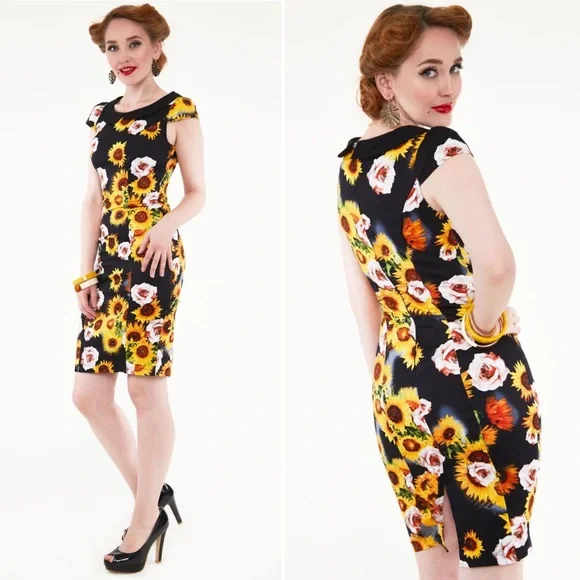 Voodoo Vixen Retro Sunflower Pencil Dress - Picture 2 of 14
